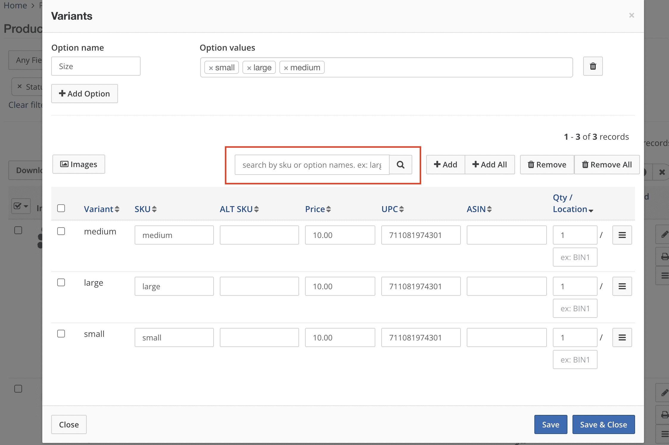 Search a Variant using the Variant SKU in the Variants Modal