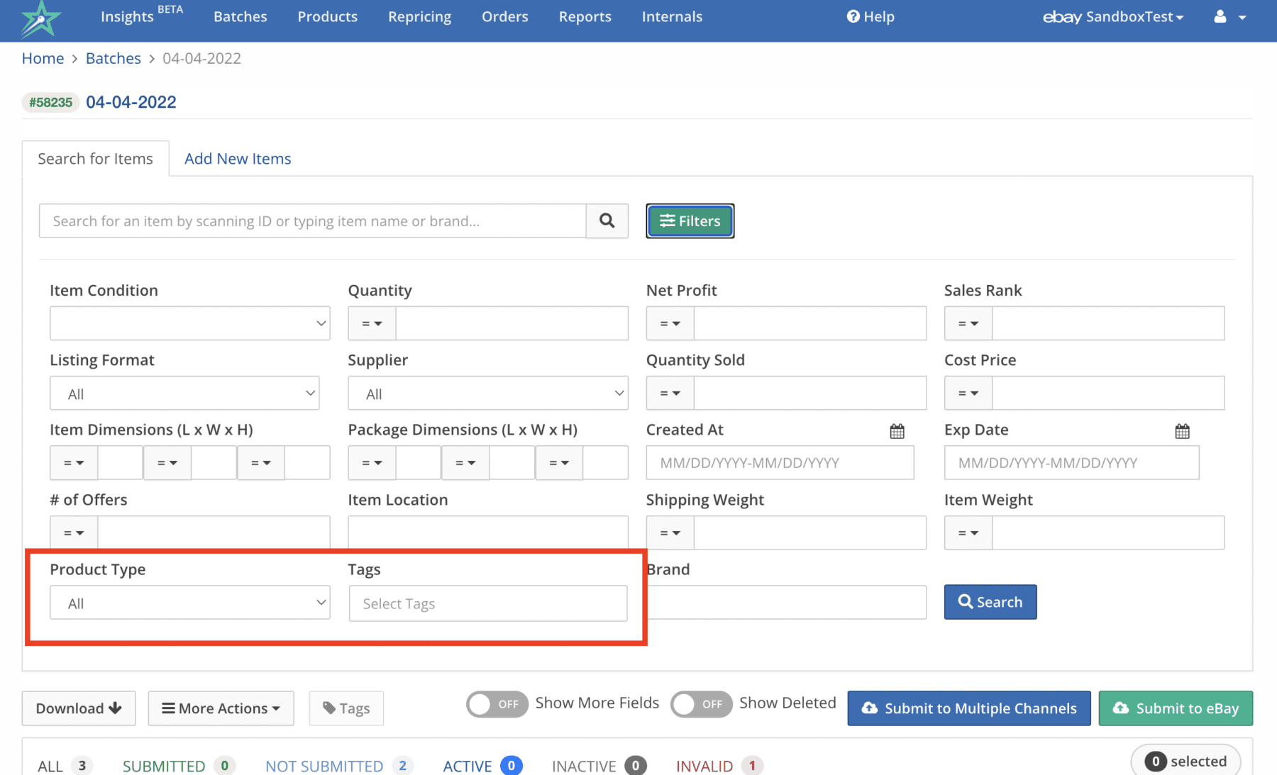 Use Product Type or Tags to filter the results on a Batch